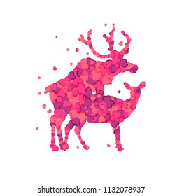 Mating deers. Silhouette of vector pink herts