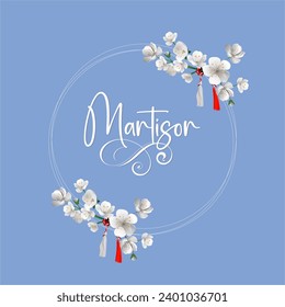 Matisor background with white and red ropes, and white flowers symbol of spring Romania and Bulgaria Moldova.