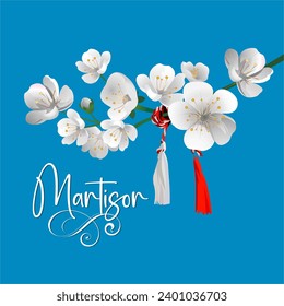 Matisor background with white and red ropes, and white flowers symbol of spring Romania and Bulgaria Moldova.