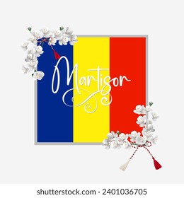 Matisor background with white and red ropes, and white flowers symbol of spring Romania and Bulgaria Moldova.