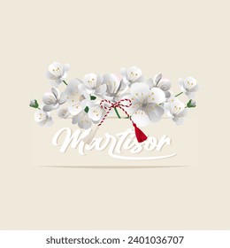 Matisor background with white and red ropes, and white flowers symbol of spring Romania and Bulgaria Moldova.