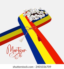 Matisor background with white and red ropes, and white flowers symbol of spring Romania and Bulgaria Moldova.