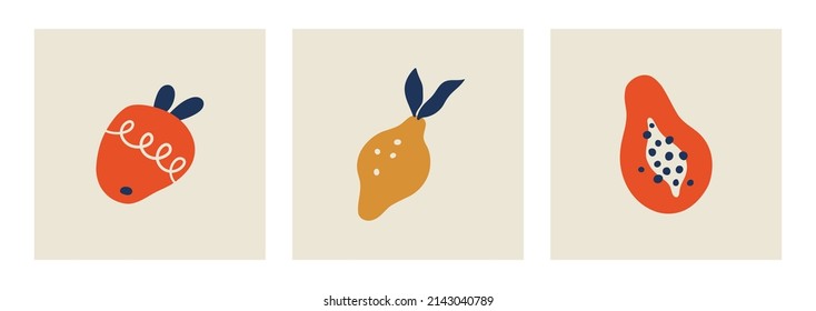 Matisse abstract apple, lemon and papaya fruit. Contemporary art print. Collection of minimalist art. Poster with organic fruit blobs. Vector illustration isolated.