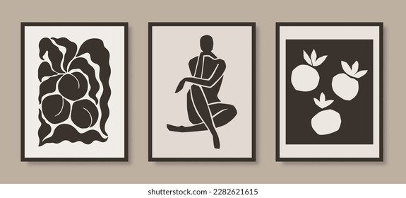 Matisse Abstract Art Prints Set the Woman Figure and Peach Fruits in Trendy Minimalist Style. Vector Collage Posters of Female Body and Botanical Elements Made of Cut Paper.