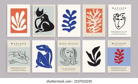 Matisse Abstract Art Set, Aesthetic Modern Art, Boho Decor, Minimalist Art, Illustration, Vector, Poster, Postcard. Collection for decoration. Vector all isolated. Set of abstract trendy creative art.