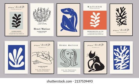 Matisse Abstract Art Set, Aesthetic Modern Art, Boho Decor, Minimalist Art, Illustration, Vector, Poster, Postcard. Collection for decoration. Vector all isolated. Set of abstract trendy creative art.