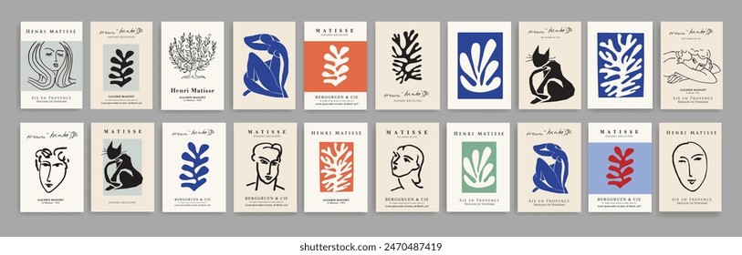 Matisse Abstract Art Set, Aesthetic Modern Art, Boho Decor, Minimalist Art, Illustration, Vector, Poster, Postcard. Collection for decoration. Vector all isolated. Set of abstract trendy creative art.