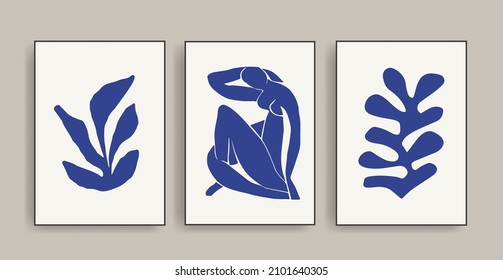 Matisse Abstract Art Set. Set of abstract trendy creative artistic posters. Female body, flowers texture. Design for wall decor, print, cardbackground, social media, cover. Vector illustration.