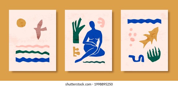 Matisse Abstract Art Sets the Female Figure and Organic Shapes in a trendy minimal style. Vector collage of female body, birds and fish and botanical elements made of cut paper