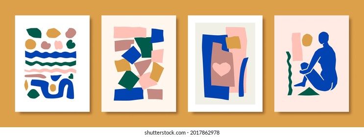Matisse Abstract Art Sets the Female Figure and Organic Shapes in Paper Cut Style. Vector Collage of Female Body and Geometric Elements. Ideal for posters, postcards, prints on T-shirts