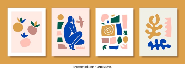 Matisse Abstract Art Sets the Female Figure and Organic Shapes in a trendy minimal style. Vector collage of female body, birds and fish and botanical elements made of cut paper. Ideal for posters