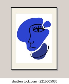 Matisse, abstract blue face. Vector poster, poster, cover. Boho Decor.