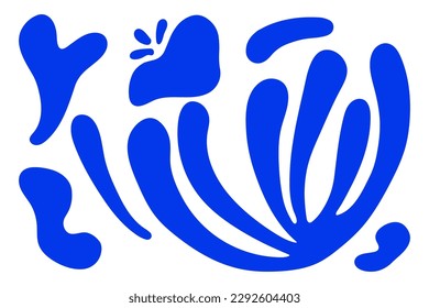 Matisse abstract floral algae shapes in trendy contemporary organic style. composition Doodle painted aestethic flower and leaf. Botanic vector illustration in blue color on the white background.