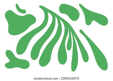 Matisse abstract floral algae shapes in trendy contemporary organic style. composition Doodle painted aestethic flower and leaf. Botanic vector illustration in green color on the white background.