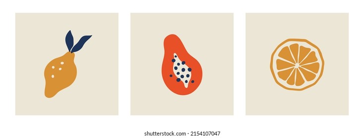 Matisse abstract lemon and papaya fruit. Contemporary art print. Collection of minimalist art. Poster with organic fruit blobs. Vector illustration isolated.