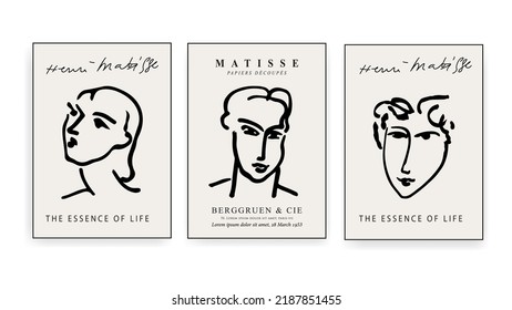 Matisse Abstract Portrait Art Set, Aesthetic Modern Art, Boho Decor, Minimalist Art, Illustration, Vector, Poster, Postcard. Collection for decoration.Set of abstract trendy creative art.