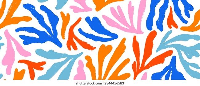 Matisse abstract seamless pattern with multi colored corals. Brush drawn botanical plant shapes. Vector abstract contemporary leaves. Modern banner with colorful thick organic corals in Matisse style.