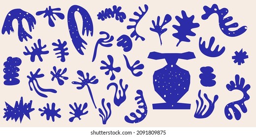 Matisse abstract shape bundle. Cutout shape of algae and botanical leaves, sun, stars, rainbows. Organic abstraction in flat style blue color. Henri Matisse style