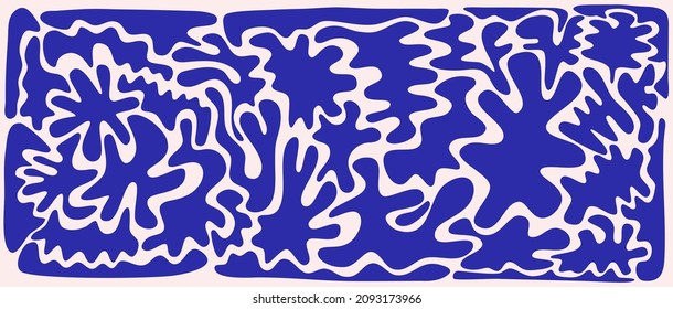 Matisse abstract shape bundle. Cutout shape of algae and botanical leaves. Organic abstraction in flat style blue color. Henri Matisse style