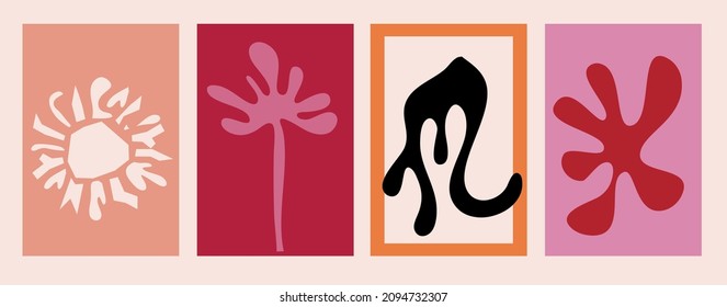 Matisse abstract shape cover print set. Cutout shape of algae and botanical leaves, sun, abstarct form. Organic form in flat style. Henri Matisse style.