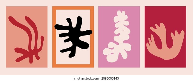 Matisse abstract shape cover print set. Cutout shape of algae and botanical leaves, abstarct form. Organic form in flat style. Henri Matisse style