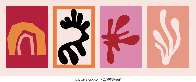 Matisse abstract shape cover print set. Cutout shape of algae and botanical leaves, rainbow, abstract form. Organic form in flat style. 