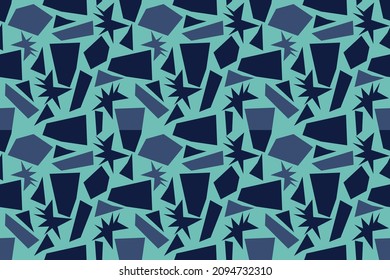 Matisse abstract shapes seamless pattern.Cutout shape of stars and rectangles into a pattern. Organic abstraction in blue color flat style. The style of Henri Matisse.