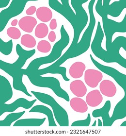 Matisse Aesthetic Berry Seamless Pattern. Abstract Doodle Curves Leaves and Berries in Naive Hippie 1970 style. Groovy Floral Vector Art in Green and Pink Colors for T-Shirts, Wallpaper, Case Phone.