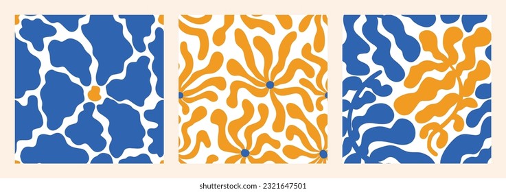 Matisse Aesthetic Naive Pattern Set. Abstract Groovy Curves Flowers and Leaves in Hippie 1970 style. Vector Illustration in Blue and Orange Colors. Backgrounds for T-Shirts, Wallpaper, Case Phone.