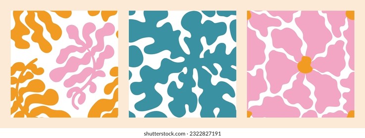 Matisse Aesthetic Naive Pattern Set. Abstract Groovy Flowers and Leaves in Hippie 1970 style. Vector Illustration in Pink, Green and Orange Colors. Backgrounds for T-Shirts, Wallpaper, Case Phone.