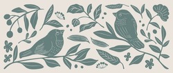 Matisse Art Background Vector. Abstract Natural Hand Drawn Pattern Design With Bird, Flower, Leaves. Simple Contemporary Style Illustrated Design For Fabric, Print, Cover, Banner, Wallpaper.