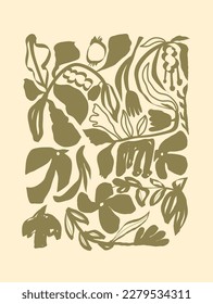 Matisse art background vector. Abstract natural hand drawn pattern design with flowers, leaves, branches. Simple contemporary style illustrated Design for fabric, print, cover, banner, wallpaper.