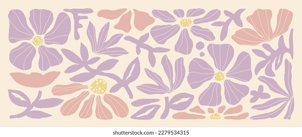 Matisse art background vector. Abstract natural hand drawn pattern design with flowers, leaves, branches. Simple contemporary style illustrated Design for fabric, print, cover, banner, wallpaper.