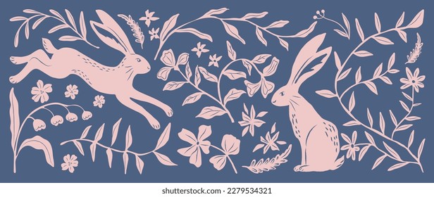 Matisse art background vector. Abstract natural hand drawn pattern design with rabbit, flower, leaves. Simple contemporary style illustrated Design for fabric, print, cover, banner, wallpaper.