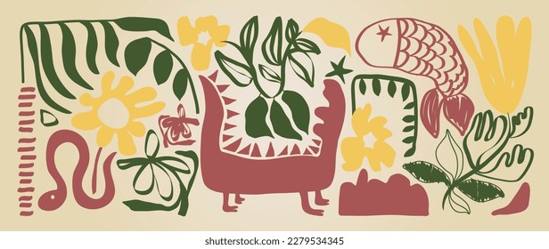 Matisse art background vector. Abstract natural hand drawn pattern design with flowers, leaves, fish, snake. Simple contemporary style illustrated Design for fabric, print, cover, banner, wallpaper.