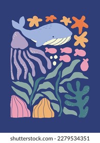 Matisse art background vector. Abstract natural hand drawn pattern design with sea, ocean, whale, coral. Simple contemporary style illustrated Design for fabric, print, cover, banner, wallpaper.