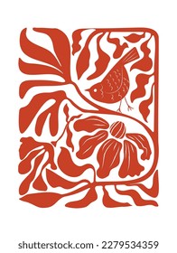 Matisse art background vector. Abstract natural hand drawn pattern design with bird, flower, leaves. Simple contemporary style illustrated Design for fabric, print, cover, banner, wallpaper.