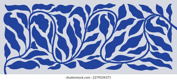 Matisse art background vector. Abstract natural hand drawn pattern design with blue leaves, branches. Simple contemporary style illustrated Design for fabric, print, cover, banner, wallpaper.