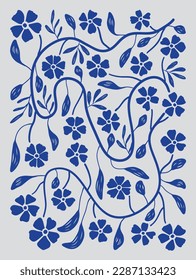 Matisse art background vector. Abstract natural hand drawn pattern design with blue flower and leaves branch. Simple contemporary style illustrated Design for fabric, print, cover, banner, wallpaper.