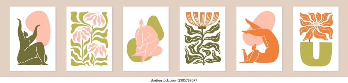 Matisse art. Contemporary abstract posters, plant flower shapes, botanical and hipster woman silhouettes, vertical wall art or wallpaper, vertical modern leaves and girls. Vector illustration set