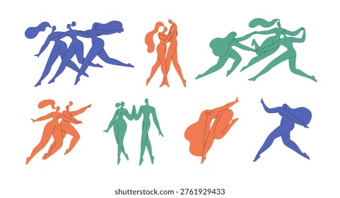 Matisse art people in different poses set. Colourful silhouette of nude men and women. Abstract human bodies in boho style are dancing. Flat isolated vector illustrations on white background