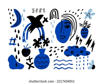 Matisse art style random blue organic shapes in freehand. Includes face, bird, floral art. Vector illustration.