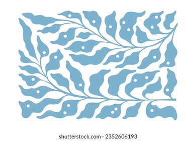 Matisse blue composition. Flower branches, elegant curvy, fluid wavy leaves. Trendy Art Deco and Art Nouveau style. Floral pattern, delicate nature stems, polka dot. Blue. Vector flat illustration