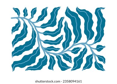 Matisse blue pattern. Floral leaf, tree, shrub or flower branch, curvy in rectangular form. Fluid, wavy leaves, nature and beauty inspired. Shades of blue and turquoise. Vector horizontal illustration