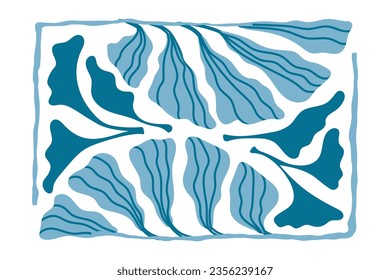 Matisse blue poster. Plant leaves, reflection. Fluid, wavy shapes with intricate, thin lines. Rectangular composition. Delicate floral, water lily Art Deco vibe. Vector illustration in flat style