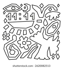 Matisse collage illustration with outline angel numbers and abstract shapes. Paper cut geometric elements. Minimalist contemporary poster. Magic signs.
