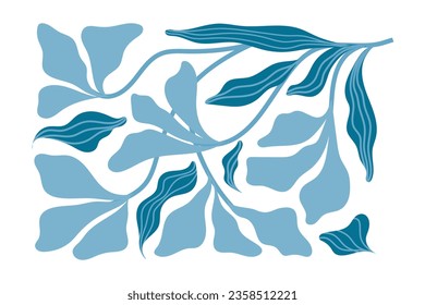 Composición matissa. Patrón de flores azules, floral horizontal me olvida no hojas, ramas. Forma rectangular con oleaje fluido y líneas delgadas de hojas. Ilustración plana de color turquesa