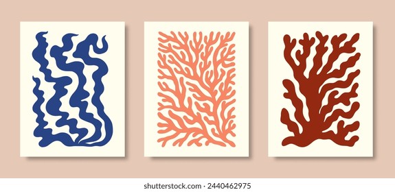 Matisse Coral Abstract Shape. Vector Poster Organic Art Poster. Modern Pattern with Leaf, Algae. Geometric Floral Prints in Contemporary Minimal Style. Trendy Boho Illustrations