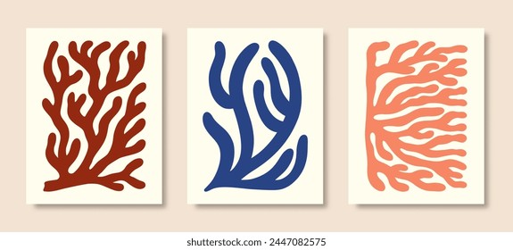 Forma Abstractas Coral Matisse. Cartel de Vector Cartel de arte orgánico. Hoja de patrón moderno. Estampados florales geométricos en estilo minimalista contemporáneo. Ilustraciones boho de moda