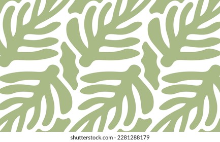 Matisse curved seamless aesthetic pattern. groovy abstract floral art. Organic floral doodle shape in trendy retro 60s 70s hippie style. Botanical vector background in moss green colors